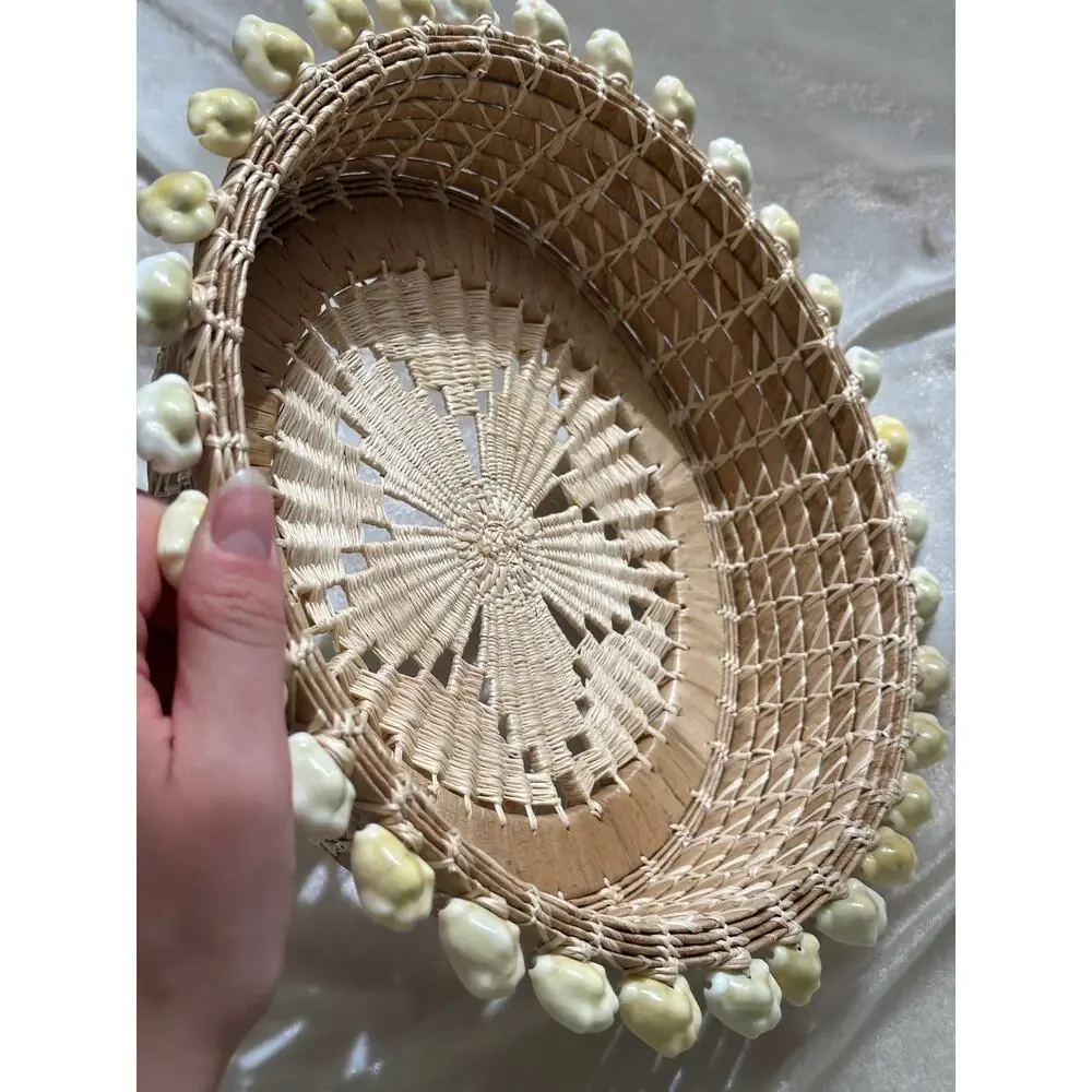 Vintage Hand Woven Seagrass Raffia Bowl Sea Shell Trim & Embroidery Boho Coastal
